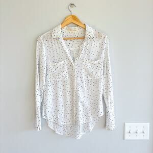 Cloth & Stone Dotscape V-Neck Button Up Blouse White Black XS